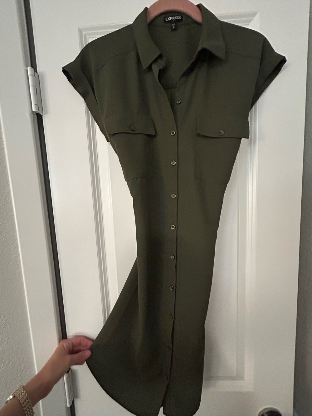 Express Olive Green Button-Front Midi Dress